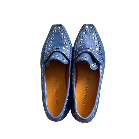 ROBERT ZUR Blue Leather Silver Studded Flats Loafers Size 5.5 - Picture 2 of 7